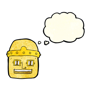 Bir insan tarafından çizilmiş düşünce baloncuklu robot kafası.