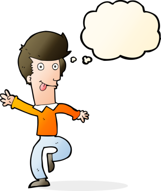 Bir insan tarafından çizilmiş düşünce baloncuğuyla dans eden çizgi film adamı.