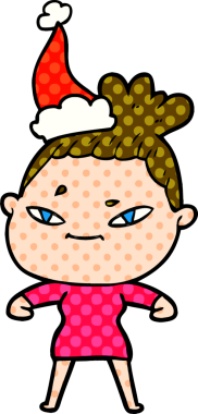 Bir insan tarafından çizilmiş Noel Baba şapkası giyen bir kadının el çizimi çizgi roman tarzı çizimi.