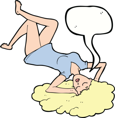 Bir insan tarafından çizilmiş konuşma baloncuğuyla yerde yatan karikatür kadın.