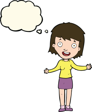 Bir insan tarafından çizilmiş düşünce baloncuğu olan heyecanlı bir kadın.