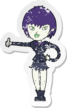 Bir insan tarafından çizilmiş işaret veren vampir kız çizgi filminin gerilimli yapıştırması.