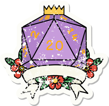 Bir insan tarafından çekilen 20 kritik vuruşluk D20 zar atımının grunge çıkartması.