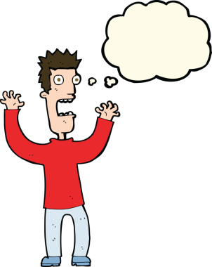 Bir insan tarafından çizilmiş düşünce baloncuğuyla dehşete düşmüş bir adam.