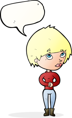 Bir insan tarafından çizilmiş bir konuşma balonuyla düşünen karikatür kadını.