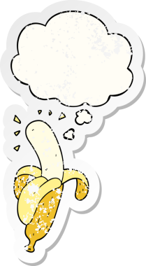 Düşünce baloncuklu çizgi film muzu, insan tarafından çizilmiş yıpranmış bir çıkartma gibi.