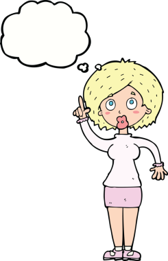 Bir insan tarafından çizilmiş düşünce baloncuğu fikri olan karikatür kadın.