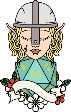 Retro Tattoo stili elf dövüşçüsü. Bir insan tarafından çizilmiş 20 zar ile.