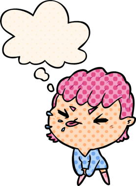 Çizgi roman tarzında düşünce balonu olan kaba bir kız bir insan tarafından çizilmiş.