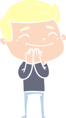 Bir insan tarafından çizilmiş mutlu düz renkli karikatür adam.