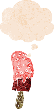Düşünce baloncuğu ile çizgi film dondurma lolipop grunge sıkıntılı retro dokuma tarzı bir insan tarafından çizilmiş