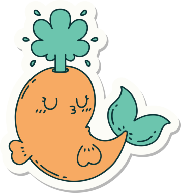 Dövme stili çıkartma. Bir insan tarafından çizilmiş mutlu, fışkırtan balina karakteri.