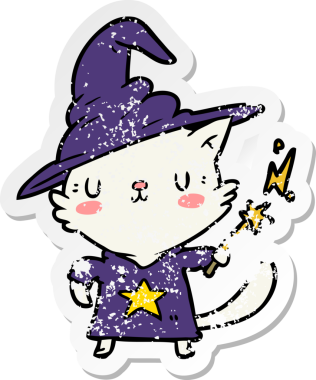 Bir insan tarafından çizilmiş karikatür kedi büyücüsünün sıkıntılı çıkartması.