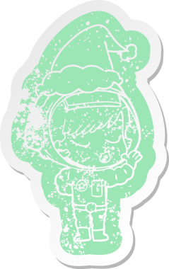 Bir insan tarafından çizilmiş Noel Baba şapkası giyen güzel bir astronot kızın garip bir karikatürü.