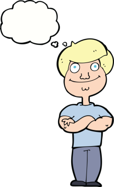 Bir insan tarafından çizilmiş düşünce balonlu mutlu adam çizgi filmi.