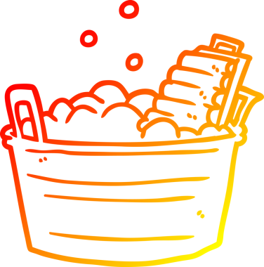 Bir insan tarafından çizilmiş eski bir çamaşır yıkama tahtası ve kovanın sıcak çizgi çizimi