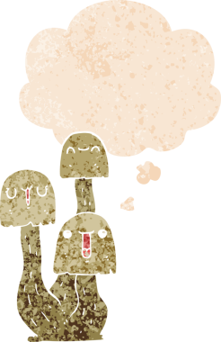 Düşünce baloncuklu çizgi film mantarı grunge sıkıntılı retro desen bir insan tarafından çizilmiş