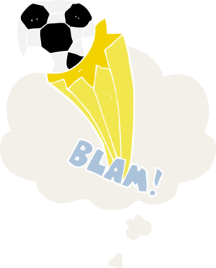 Bir insan tarafından çizilmiş, düşünce baloncuğu ile futbol topunu tekmeledi.