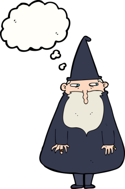 Bir insan tarafından çizilmiş düşünce baloncuğu olan çizgi film sihirbazı