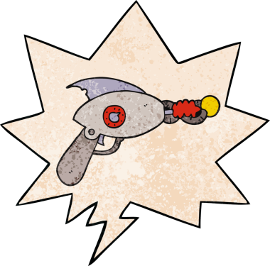 Konuşma baloncuğu olan karikatür ışın tabancası insan tarafından çizilmiş.