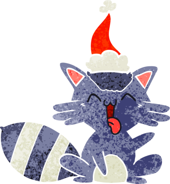 Bir insan tarafından çizilmiş Noel Baba şapkası takan eski bir rakun çizimi.