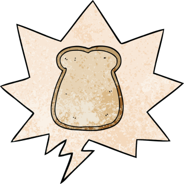 bir insan tarafından çizilmiş, geçmişe dönük konuşma baloncuklu bir ekmek dilimi.