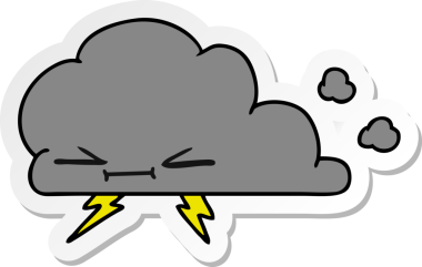 Bir insan tarafından çizilmiş huysuz bir şimşek bulutunun serbest sticker karikatürü.