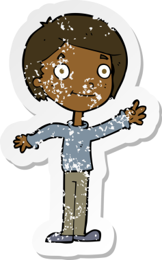 Bir insan tarafından çizilen mutlu çocuk çizgi filminin kederli retro yapıştırması.