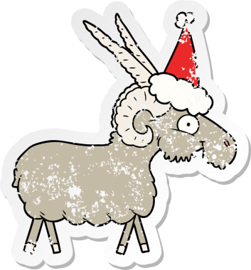 Bir insan tarafından çizilmiş Noel Baba şapkası takan keçinin kederli çıkartması.