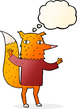 Bir insan tarafından çizilmiş düşünce baloncuklu çizgi film tilkisi.