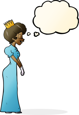 Bir insan tarafından çizilmiş düşünce baloncuklu çizgi film prensesi.