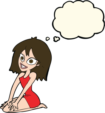 Bir insan tarafından çizilmiş düşünce baloncuklu mutlu kadın kıyafeti.