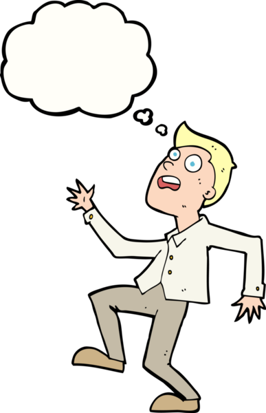 Bir insan tarafından çizilen düşünce baloncuğuyla panikleyen çizgi film adamı.