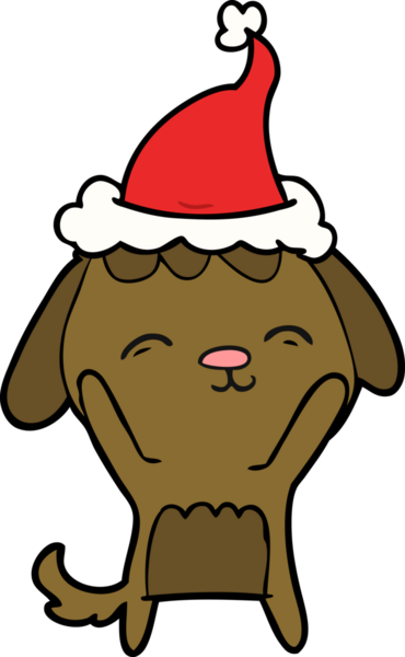 Mutlu el çizimi bir insan tarafından çizilmiş Noel Baba şapkası takan bir köpeğin resmi.
