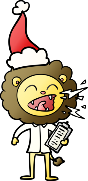 Bir insan tarafından çizilmiş Noel Baba şapkası giymiş kükreyen bir aslan doktorun el çizimi karikatürü.