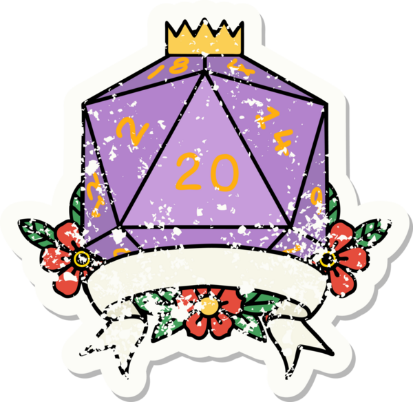 Bir insan tarafından çekilen 20 kritik vuruşluk D20 zar atımının grunge çıkartması.