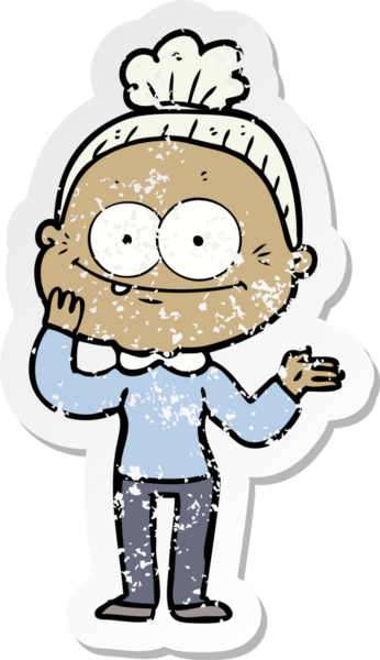 Bir insan tarafından çizilmiş mutlu, yaşlı bir kadının sıkıntılı çıkartması.