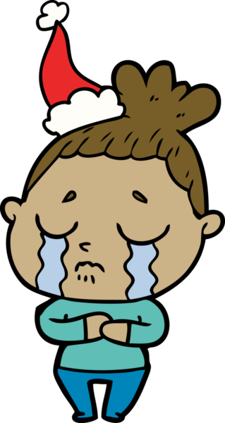 Bir insan tarafından çizilmiş Noel Baba şapkası takan ağlayan bir kadının el çizimi.