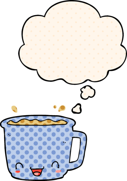 Bir insan tarafından çizilmiş, düşünce baloncuklu çizgi roman tarzı bir kahve.