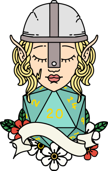 Retro Tattoo stili elf dövüşçüsü. Bir insan tarafından çizilmiş 20 zar ile.