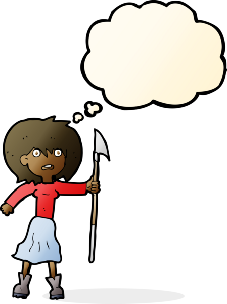 Bir insan tarafından çizilmiş düşünce balonlu zıpkınlı karikatür kadın.