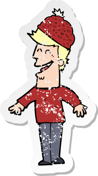 Bir insan tarafından çizilmiş kış şapkası giyen bir çizgi film karakterinin gerilimli retro çıkartması.