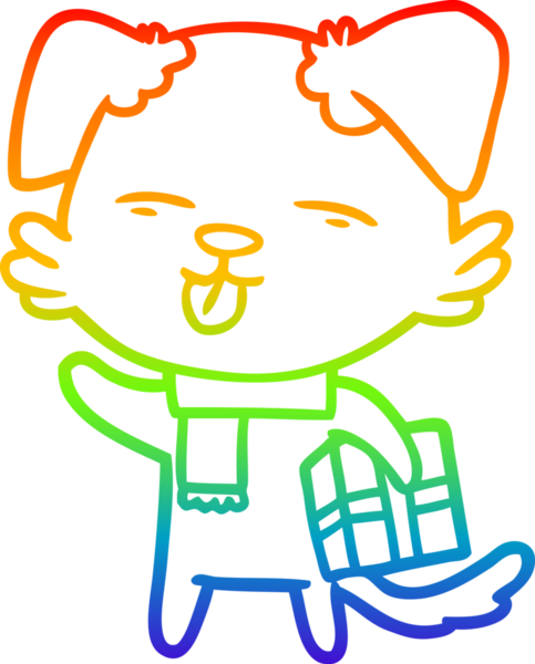 Gökkuşağı gradyan çizgi çizimi bir insan tarafından çizilmiş xmas hediyeli bir köpek