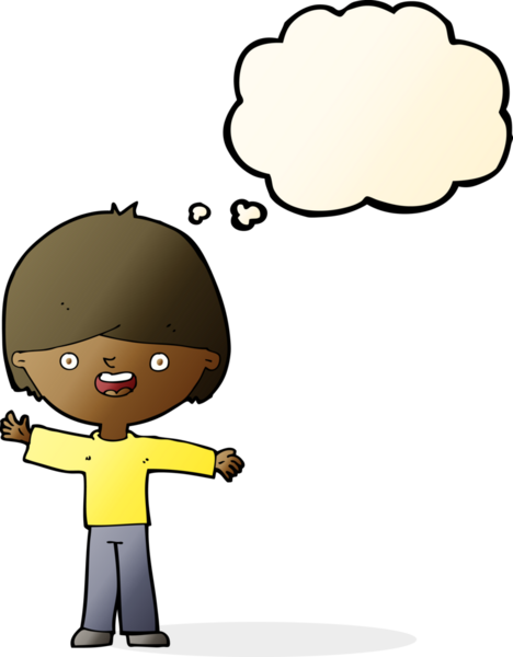 Bir insan tarafından çizilmiş düşünce balonu olan mutlu çocuk çizgi filmi.