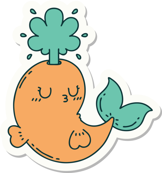 Dövme stili çıkartma. Bir insan tarafından çizilmiş mutlu, fışkırtan balina karakteri.