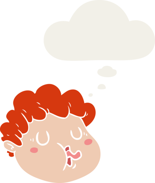 Düşünce baloncuğu olan erkek yüzü bir insan tarafından çizilmiş.