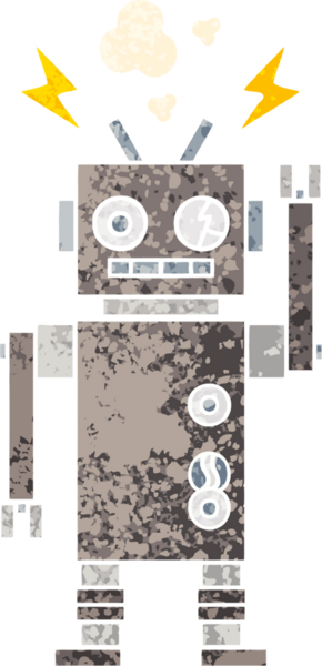 Bir insan tarafından çizilmiş arızalı bir robotun retro çizim tarzı karikatürü