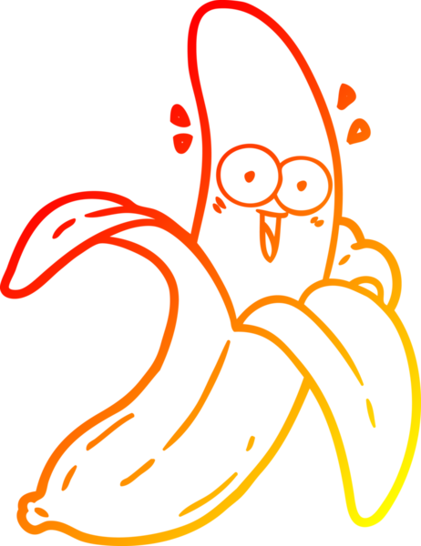 Bir insan tarafından çizilmiş çılgın, mutlu bir muzun çizgi çizimi.