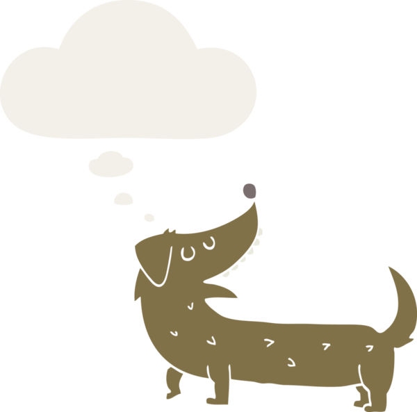 Düşünce baloncuğu olan bir insan tarafından çizilmiş çizgi film köpeği.