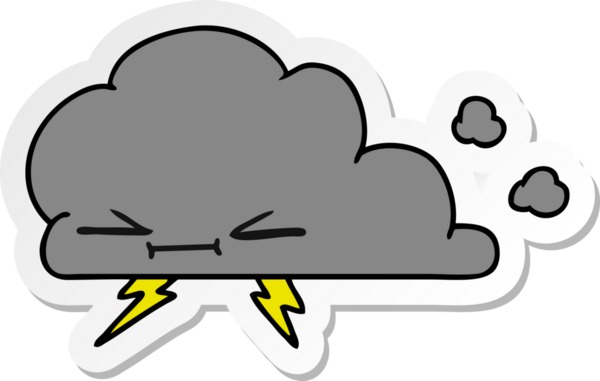Bir insan tarafından çizilmiş huysuz bir şimşek bulutunun serbest sticker karikatürü.